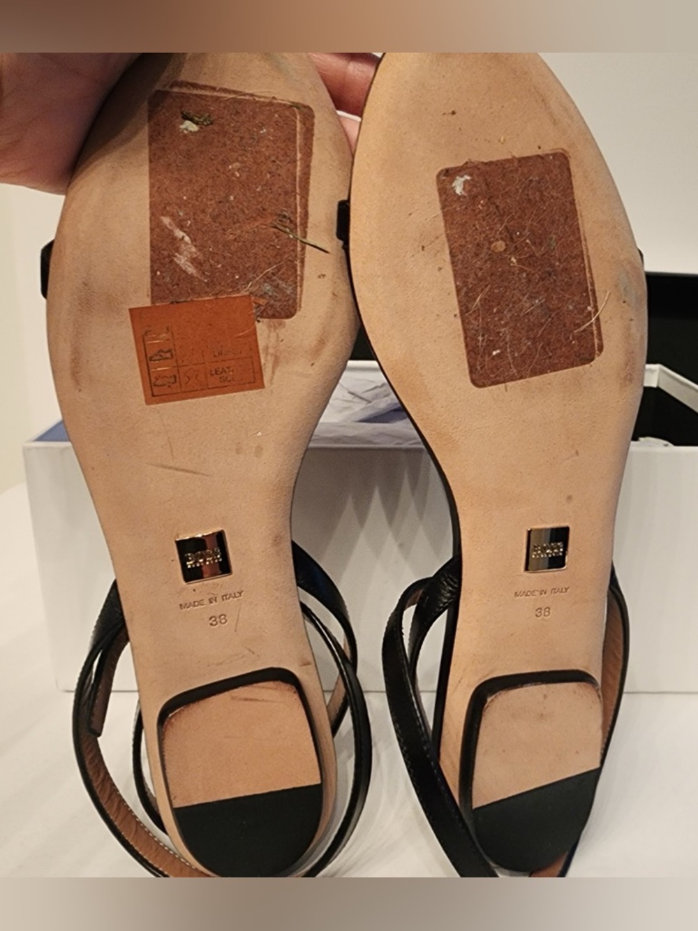 HUGO BOSS Leather T-Strap Sandals with Metallic Accent Women’s Black Sz 38/ 7.5 - Picture 11 of 12